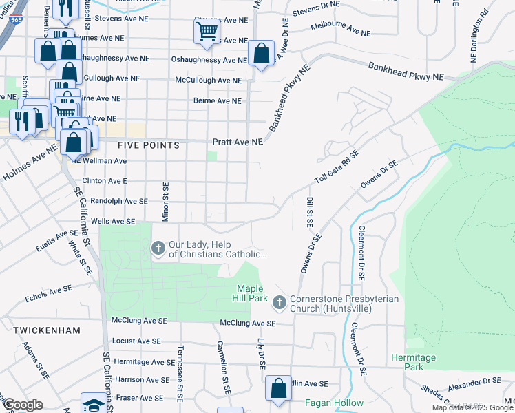 map of restaurants, bars, coffee shops, grocery stores, and more near 1708 Randolph Avenue Southeast in Huntsville