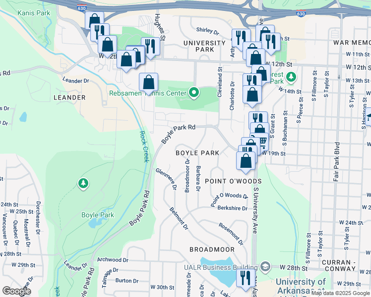 map of restaurants, bars, coffee shops, grocery stores, and more near 24 Barbara Circle in Little Rock