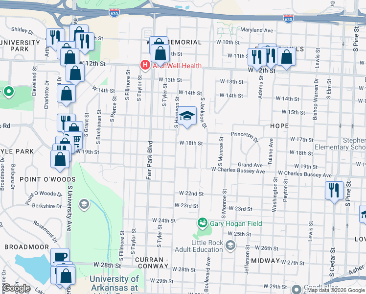 map of restaurants, bars, coffee shops, grocery stores, and more near 1804 South Van Buren Street in Little Rock