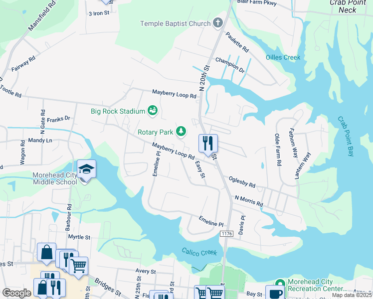 map of restaurants, bars, coffee shops, grocery stores, and more near 2102 Mayberry Loop Road in Morehead City