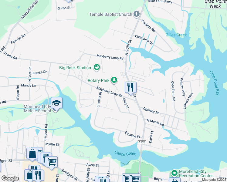 map of restaurants, bars, coffee shops, grocery stores, and more near 2102 Mayberry Loop Road in Morehead City
