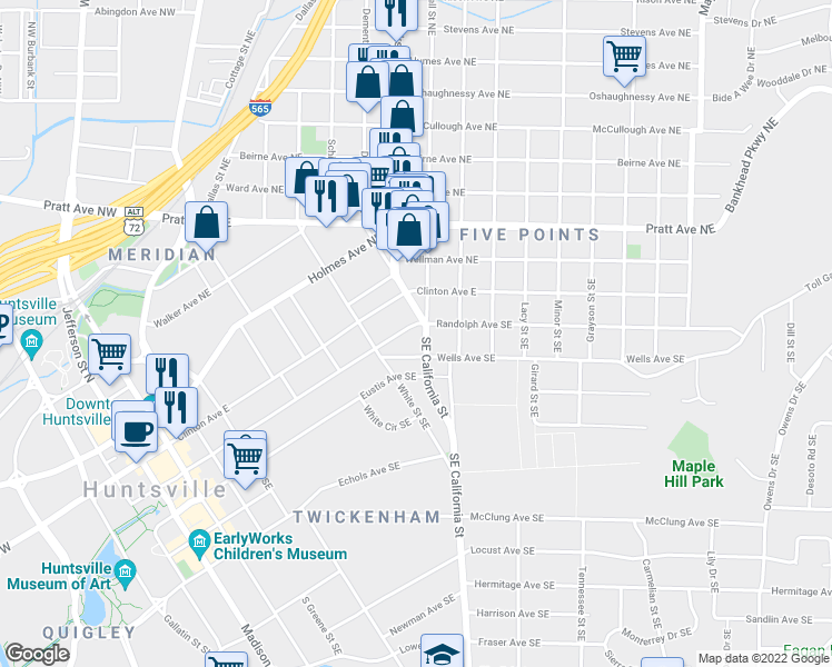 map of restaurants, bars, coffee shops, grocery stores, and more near 800 Randolph Avenue Southeast in Huntsville