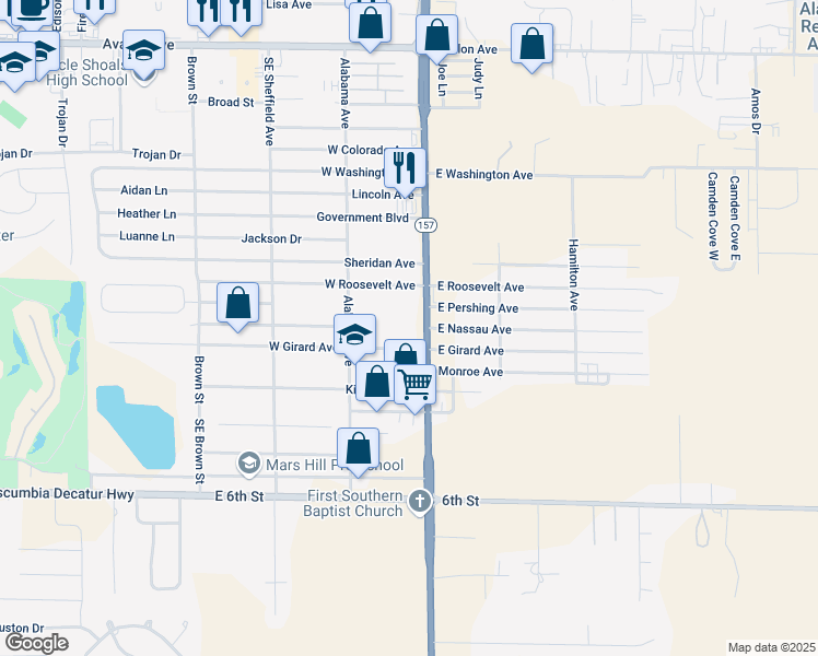 map of restaurants, bars, coffee shops, grocery stores, and more near South Wilson Dam Road in Muscle Shoals