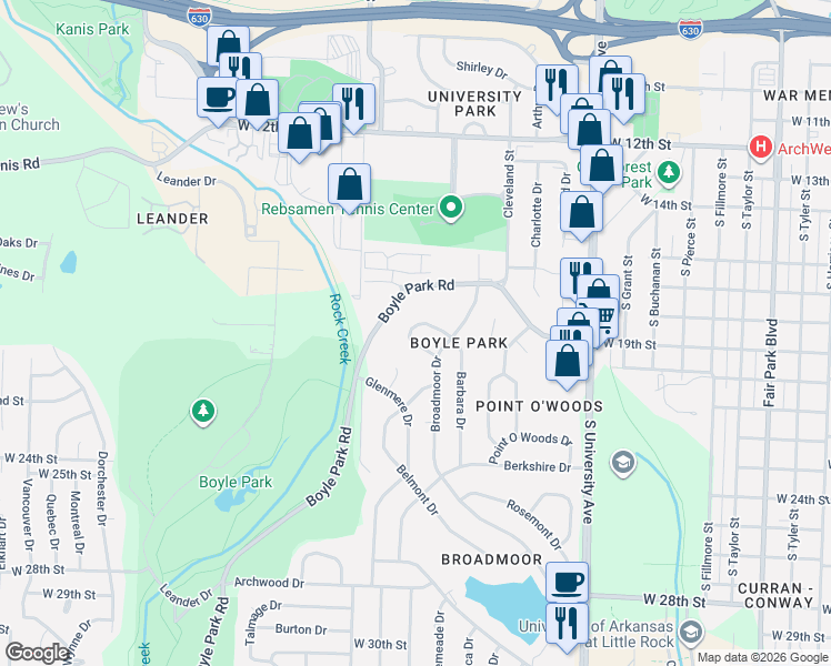 map of restaurants, bars, coffee shops, grocery stores, and more near 15 Barbara Circle in Little Rock