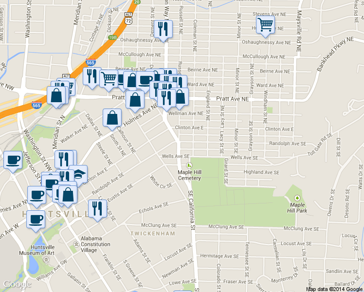 map of restaurants, bars, coffee shops, grocery stores, and more near 800 Randolph Ave SE in Huntsville