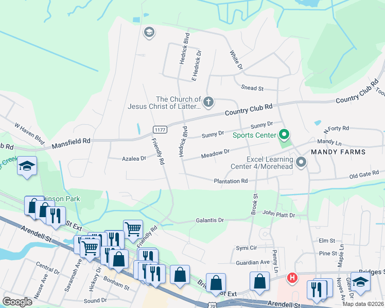 map of restaurants, bars, coffee shops, grocery stores, and more near 3626 Meadow Drive in Morehead City