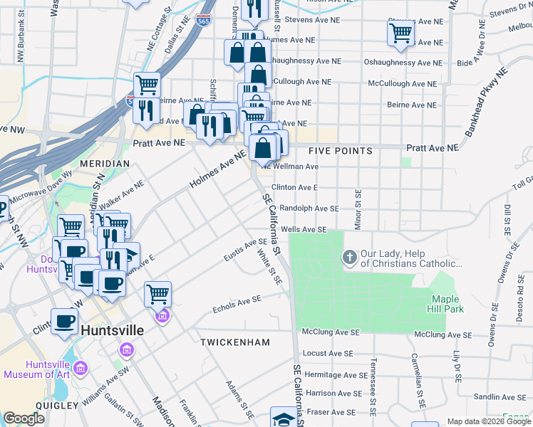 map of restaurants, bars, coffee shops, grocery stores, and more near 800 Randolph Avenue Southeast in Huntsville