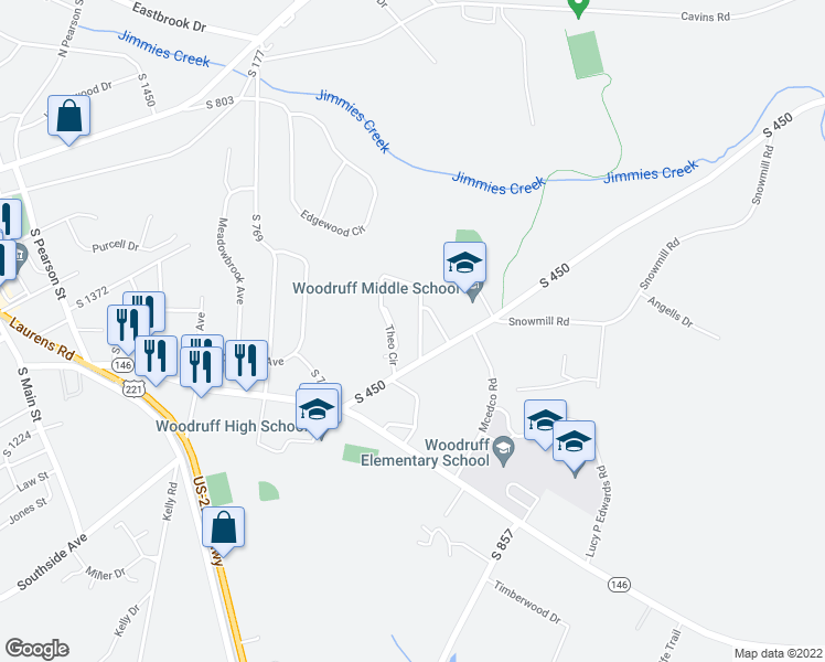map of restaurants, bars, coffee shops, grocery stores, and more near 234 Theo Circle in Woodruff