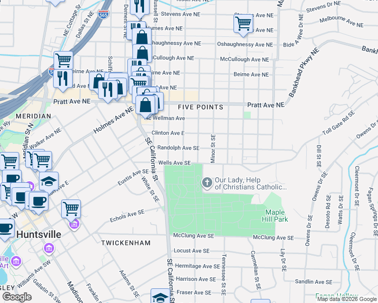 map of restaurants, bars, coffee shops, grocery stores, and more near 1104 Randolph Avenue Southeast in Huntsville