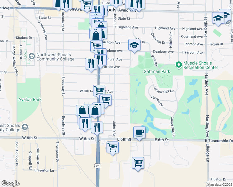 map of restaurants, bars, coffee shops, grocery stores, and more near 700 Hill Avenue in Muscle Shoals