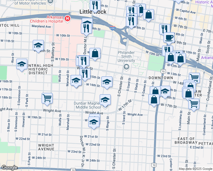 map of restaurants, bars, coffee shops, grocery stores, and more near 1118 West 16th Street in Little Rock