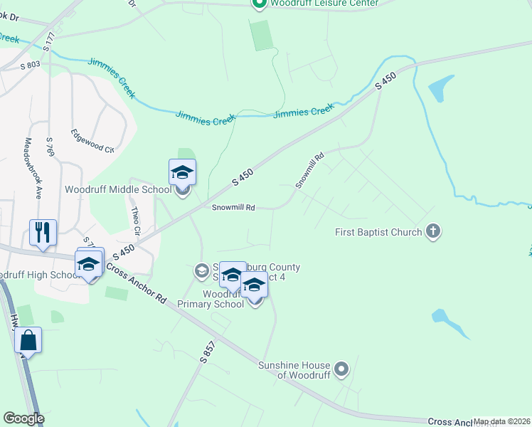 map of restaurants, bars, coffee shops, grocery stores, and more near 100 Pink Robinson Road in Woodruff