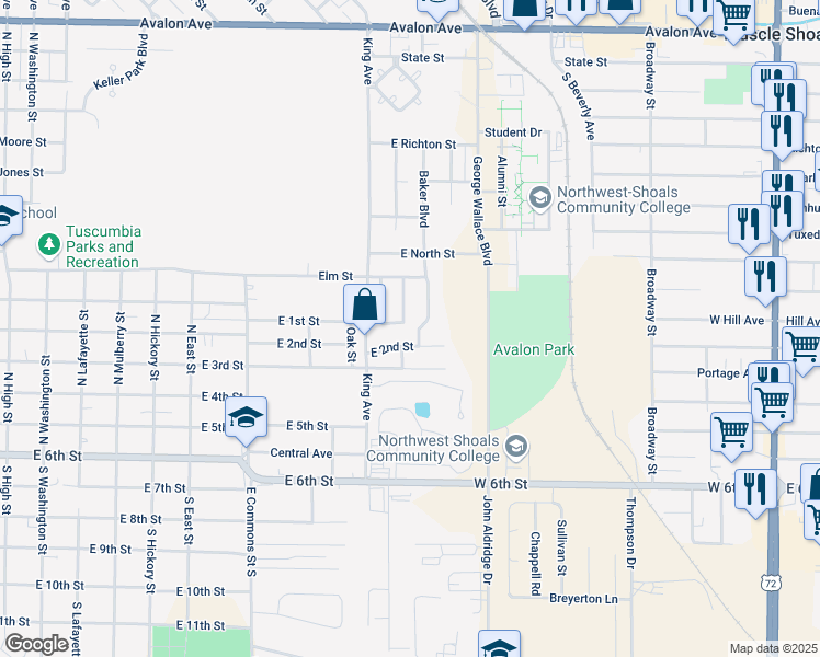 map of restaurants, bars, coffee shops, grocery stores, and more near 1405 Circle Drive in Tuscumbia