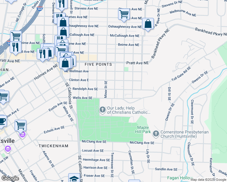 map of restaurants, bars, coffee shops, grocery stores, and more near 1316 Randolph Avenue Southeast in Huntsville