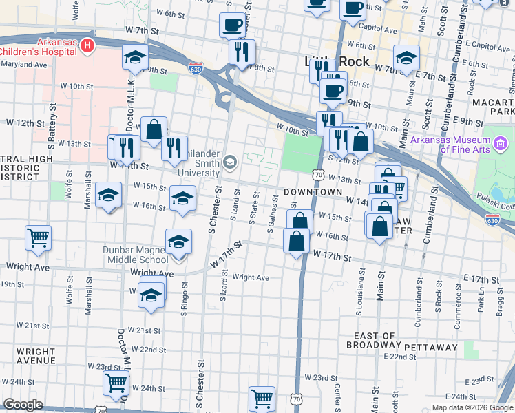 map of restaurants, bars, coffee shops, grocery stores, and more near 723 West 15th Street in Little Rock