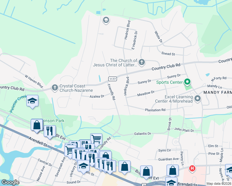 map of restaurants, bars, coffee shops, grocery stores, and more near 705 Hedrick Boulevard in Morehead City