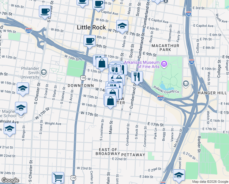 map of restaurants, bars, coffee shops, grocery stores, and more near 116 West 14th Street in Little Rock