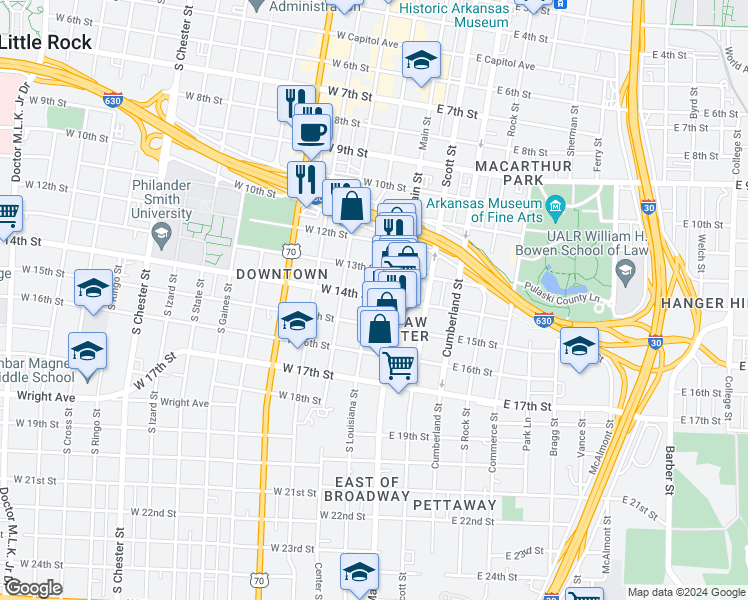map of restaurants, bars, coffee shops, grocery stores, and more near 121 West Daisy L Gatson Bates Drive in Little Rock