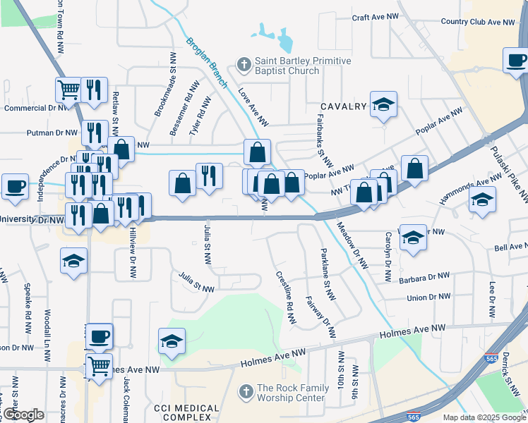 map of restaurants, bars, coffee shops, grocery stores, and more near 1007 Oster Drive Northwest in Huntsville