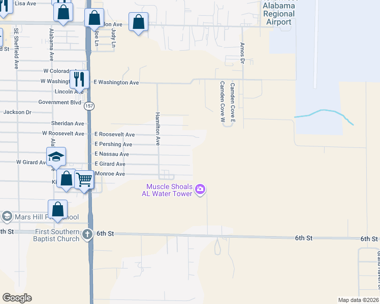 map of restaurants, bars, coffee shops, grocery stores, and more near 415 East Nassau Avenue in Muscle Shoals
