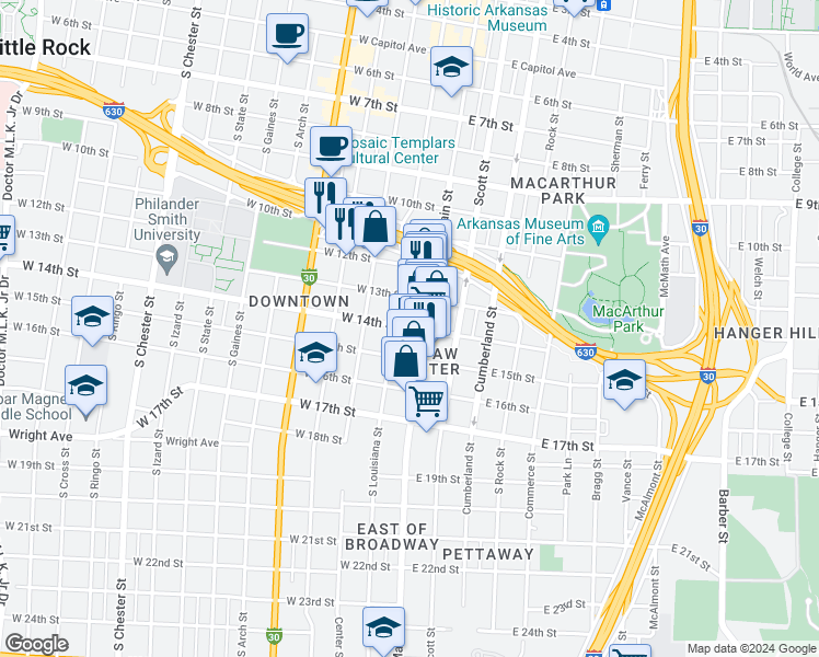 map of restaurants, bars, coffee shops, grocery stores, and more near 121 West Daisy L Gatson Bates Drive in Little Rock