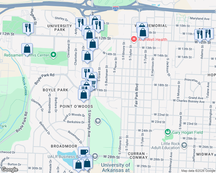 map of restaurants, bars, coffee shops, grocery stores, and more near 1802 South Pierce Street in Little Rock