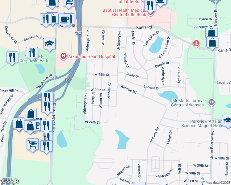 map of restaurants, bars, coffee shops, grocery stores, and more near 10005 West 20th Street in Little Rock