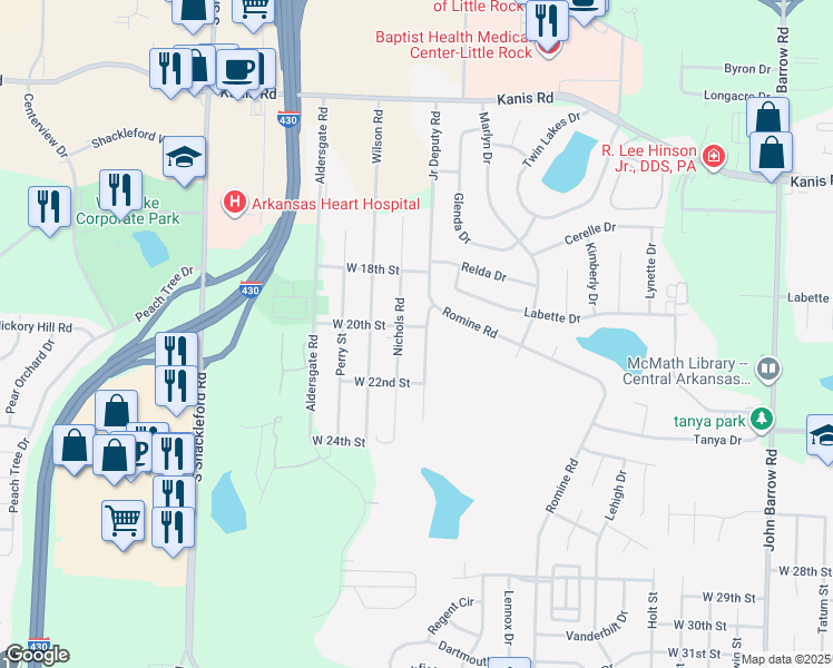 map of restaurants, bars, coffee shops, grocery stores, and more near 10005 West 20th Street in Little Rock