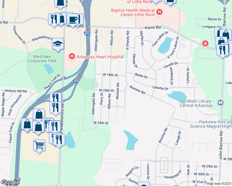 map of restaurants, bars, coffee shops, grocery stores, and more near 10005 West 20th Street in Little Rock