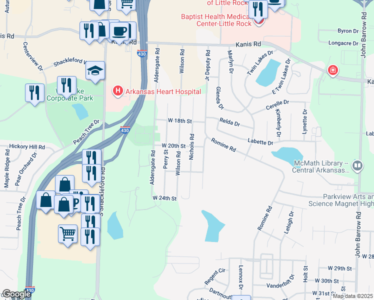 map of restaurants, bars, coffee shops, grocery stores, and more near 2001 Wilson Road in Little Rock