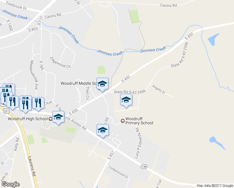 map of restaurants, bars, coffee shops, grocery stores, and more near 18 State Road S-42-2956 in Woodruff