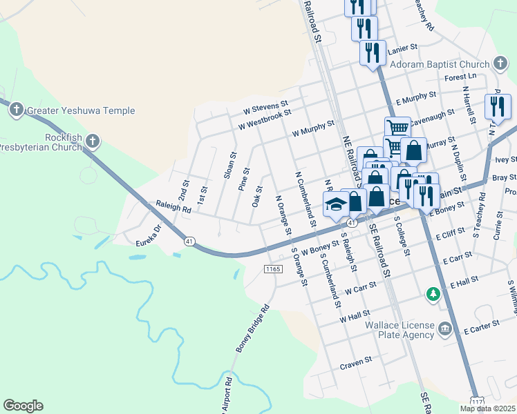 map of restaurants, bars, coffee shops, grocery stores, and more near 218 Oak Street in Wallace