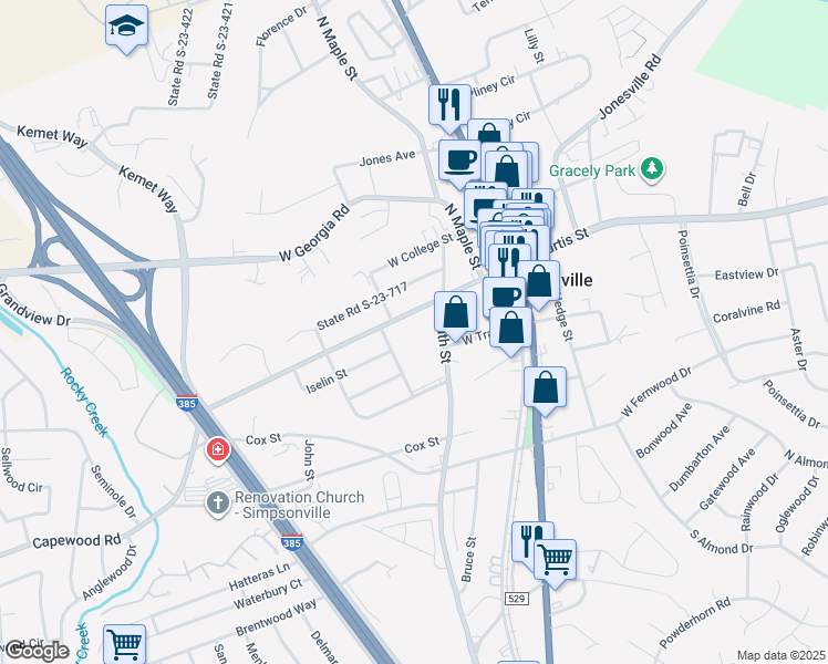 map of restaurants, bars, coffee shops, grocery stores, and more near 300 South Street in Simpsonville