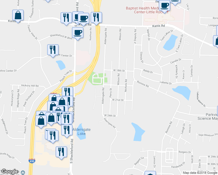 map of restaurants, bars, coffee shops, grocery stores, and more near 2000 Perry Street in Little Rock