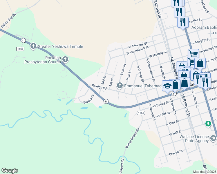 map of restaurants, bars, coffee shops, grocery stores, and more near 404 Raleigh Road in Wallace