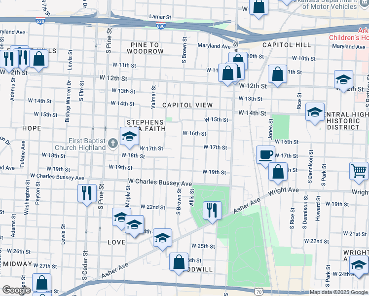 map of restaurants, bars, coffee shops, grocery stores, and more near 3219 West 17th Street in Little Rock
