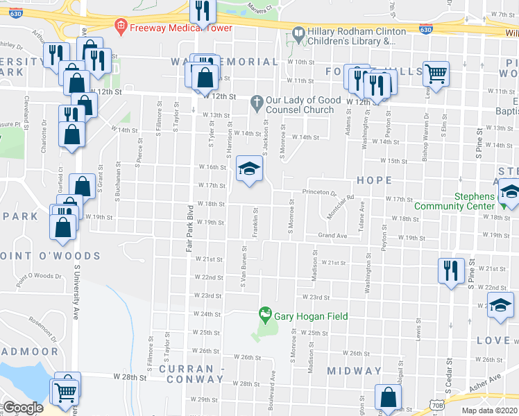 map of restaurants, bars, coffee shops, grocery stores, and more near 1201 Franklin Street in Little Rock