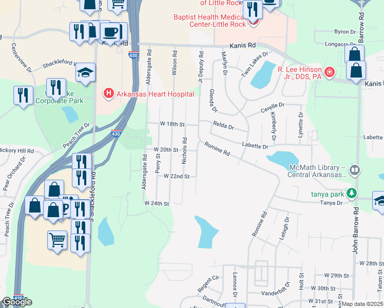 map of restaurants, bars, coffee shops, grocery stores, and more near 10005 West 20th Street in Little Rock