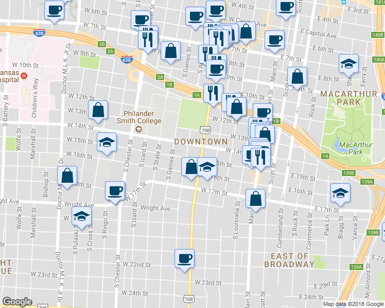 map of restaurants, bars, coffee shops, grocery stores, and more near 514 West 15th Street in Little Rock