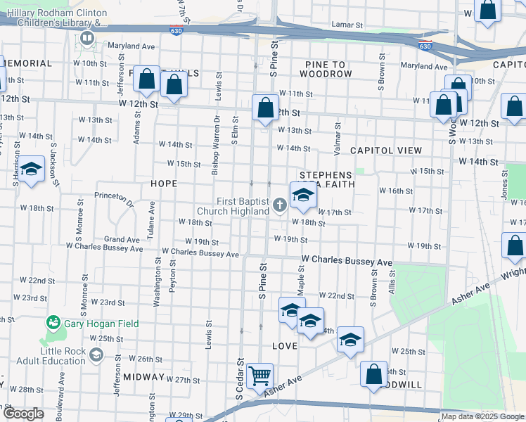 map of restaurants, bars, coffee shops, grocery stores, and more near 1714 South Pine Street in Little Rock