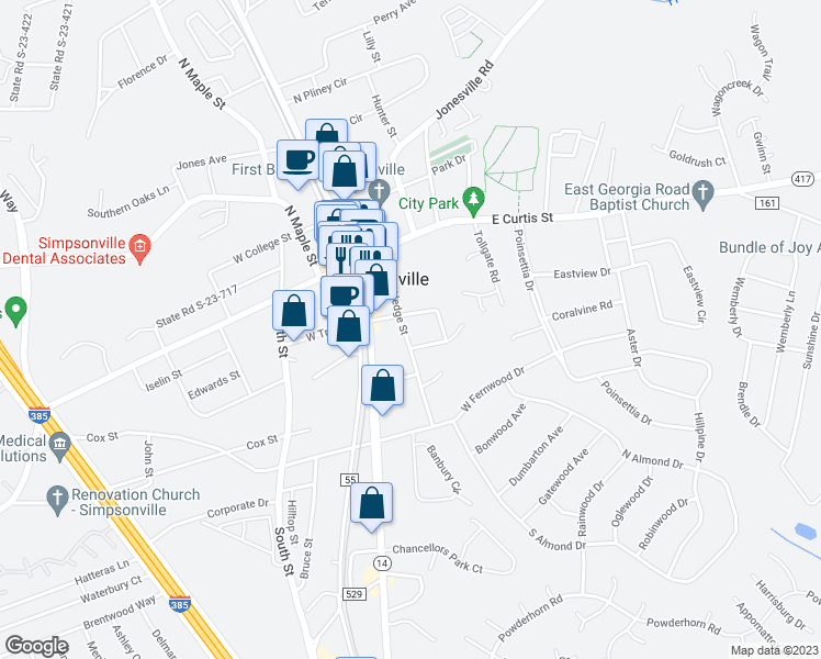 map of restaurants, bars, coffee shops, grocery stores, and more near 205 Hedge Street in Simpsonville