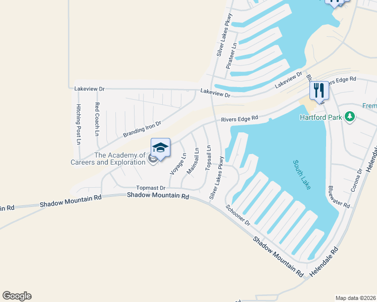 map of restaurants, bars, coffee shops, grocery stores, and more near 26623 Voyage Lane in Helendale