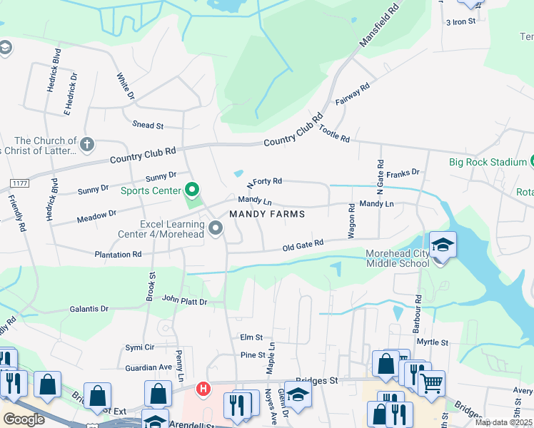 map of restaurants, bars, coffee shops, grocery stores, and more near 3319 Mandy Lane in Morehead City