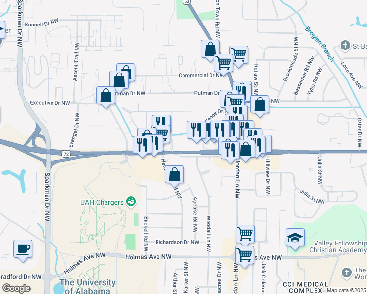 map of restaurants, bars, coffee shops, grocery stores, and more near 4298 University Drive Northwest in Huntsville