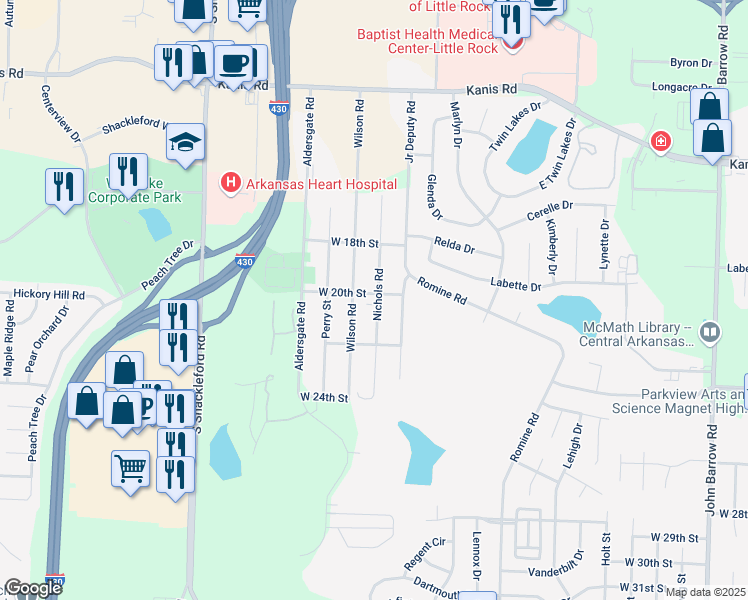 map of restaurants, bars, coffee shops, grocery stores, and more near 10005 West 20th Street in Little Rock