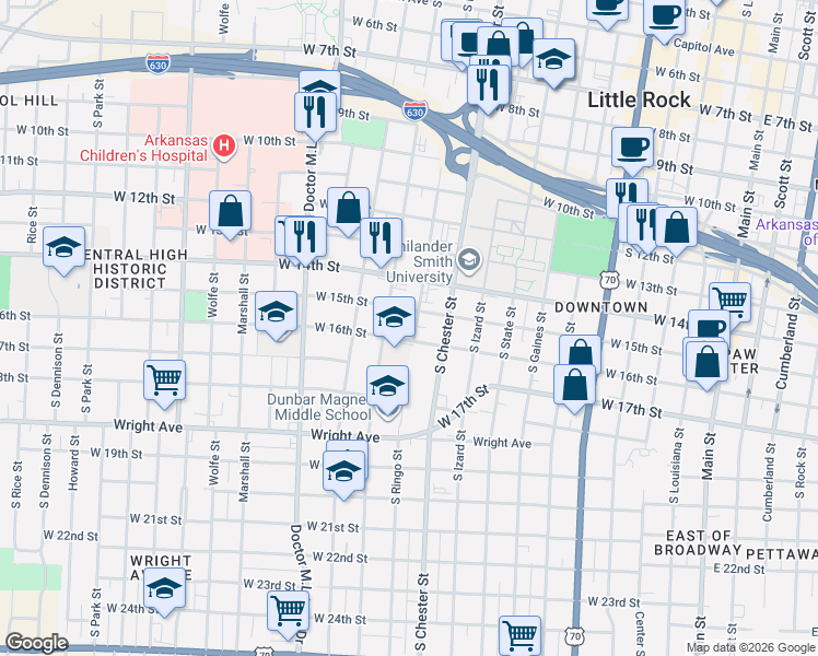 map of restaurants, bars, coffee shops, grocery stores, and more near 1516 South Ringo Street in Little Rock