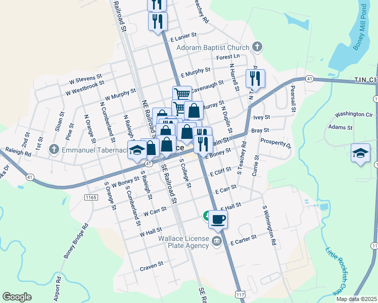 map of restaurants, bars, coffee shops, grocery stores, and more near in Wallace