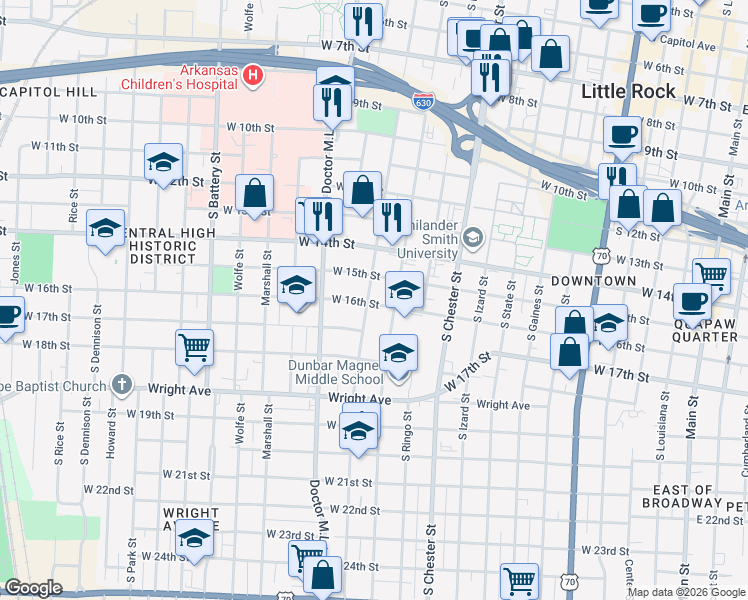 map of restaurants, bars, coffee shops, grocery stores, and more near 1214 West 16th Street in Little Rock