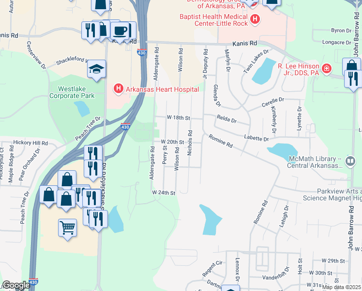 map of restaurants, bars, coffee shops, grocery stores, and more near 2001 Wilson Road in Little Rock