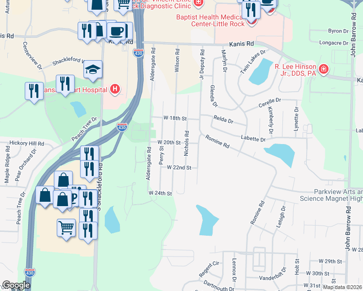 map of restaurants, bars, coffee shops, grocery stores, and more near 2001 Wilson Road in Little Rock